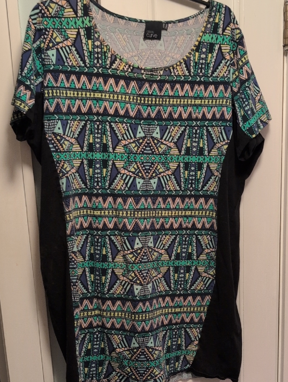 Asos Curve 24 Black Tee with Teal & Navy Aztec Print